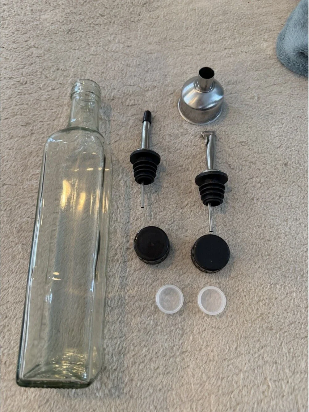 Glass Olive Oil Dispenser Bottle 17 Oz, Clear With Pour Spout, And Accesories